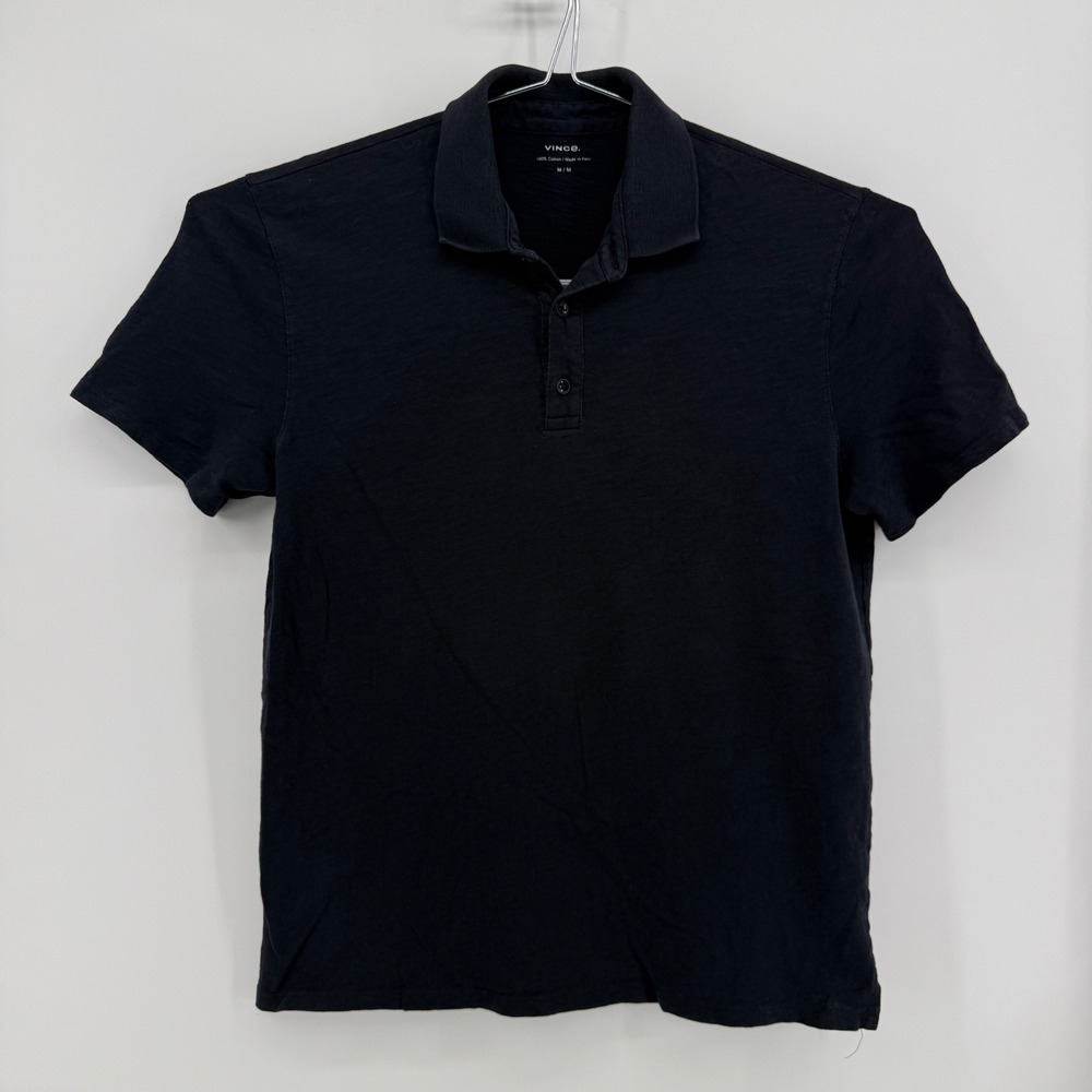 Vince Polo Shirt Men M Navy Blue Solid Cotton Slub Short Sleeve Button